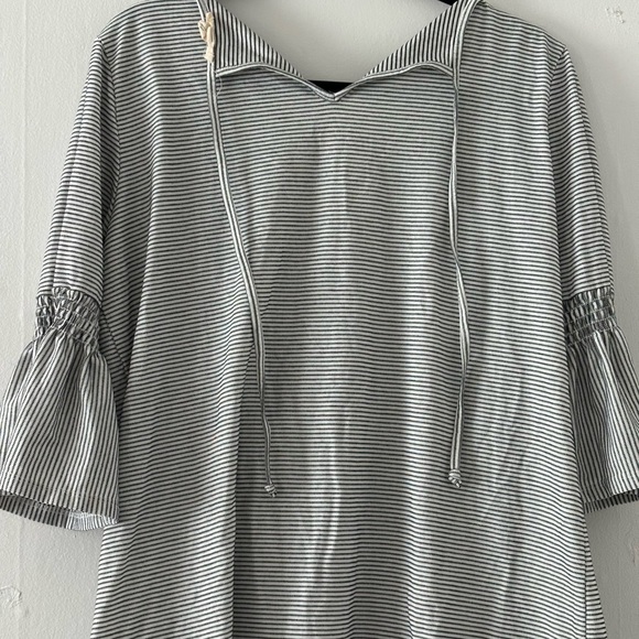 Navy Blue and White Striped Bell Sleeve Tie Back Top - Picture 3 of 4